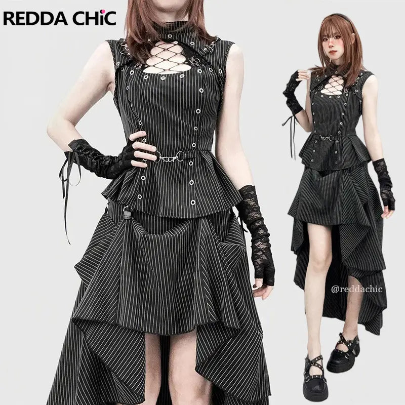 REDDACHiC Pinstripe Tank Top Skirt Women Matching Set Retro Mock Neck Sleeveless Blouse Hi-Lo Skirt Goth Music Festival Outfits