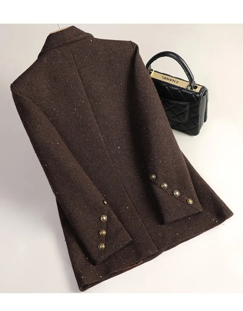 Brown glittery tweed wool blend double breasted blazer with gold tone button details.
