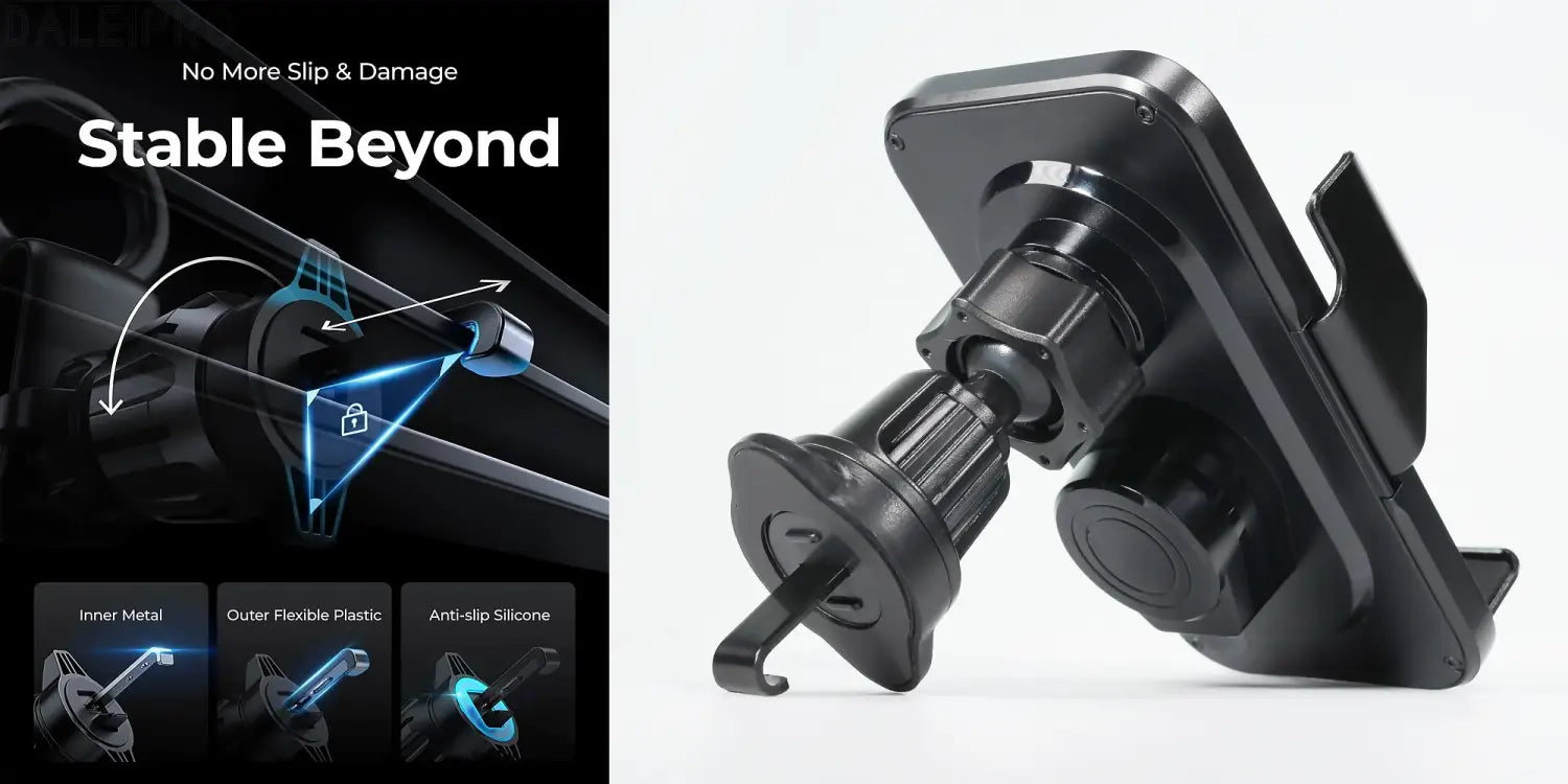 Black wireless charging phone holder with auto clamping featuring a sturdy multi-layered design of inner metal, outer flexible plastic, and anti-slip silicone for secure grip.