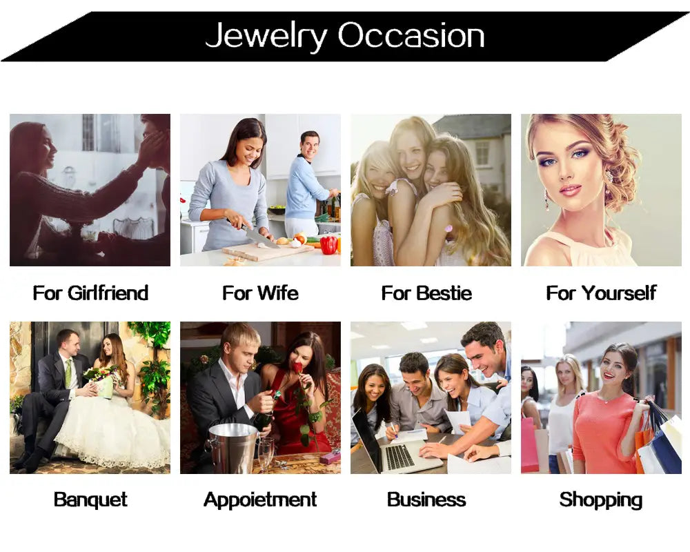 Jewelry occasion guide featuring lifestyle images for various relationships and events showcasing a customized car model metal keychain in silver for personalized gifting.