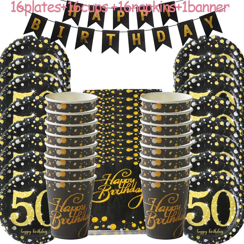 1set 30th 40th 50th 60th Years Old Happy Birthday Disposable Tableware Set Paper Plate Cup Napkin Anniversary Decor Supplies