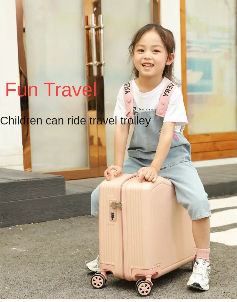 Rosa Kinder-Ride-on-Spinner-Koffer-Reisetrolley-Beutel mit vier Rädern und einem Griff für einen einfachen Transport.