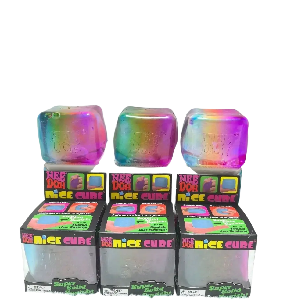 Front view of rainbow-colored translucent nee doh cube squishy sensory fidget toy in original packaging