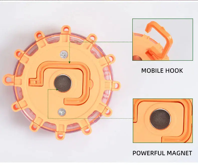 Orange plastic circular magnetic led roadside emergency strobe light with a mobile hook and powerful magnet.
