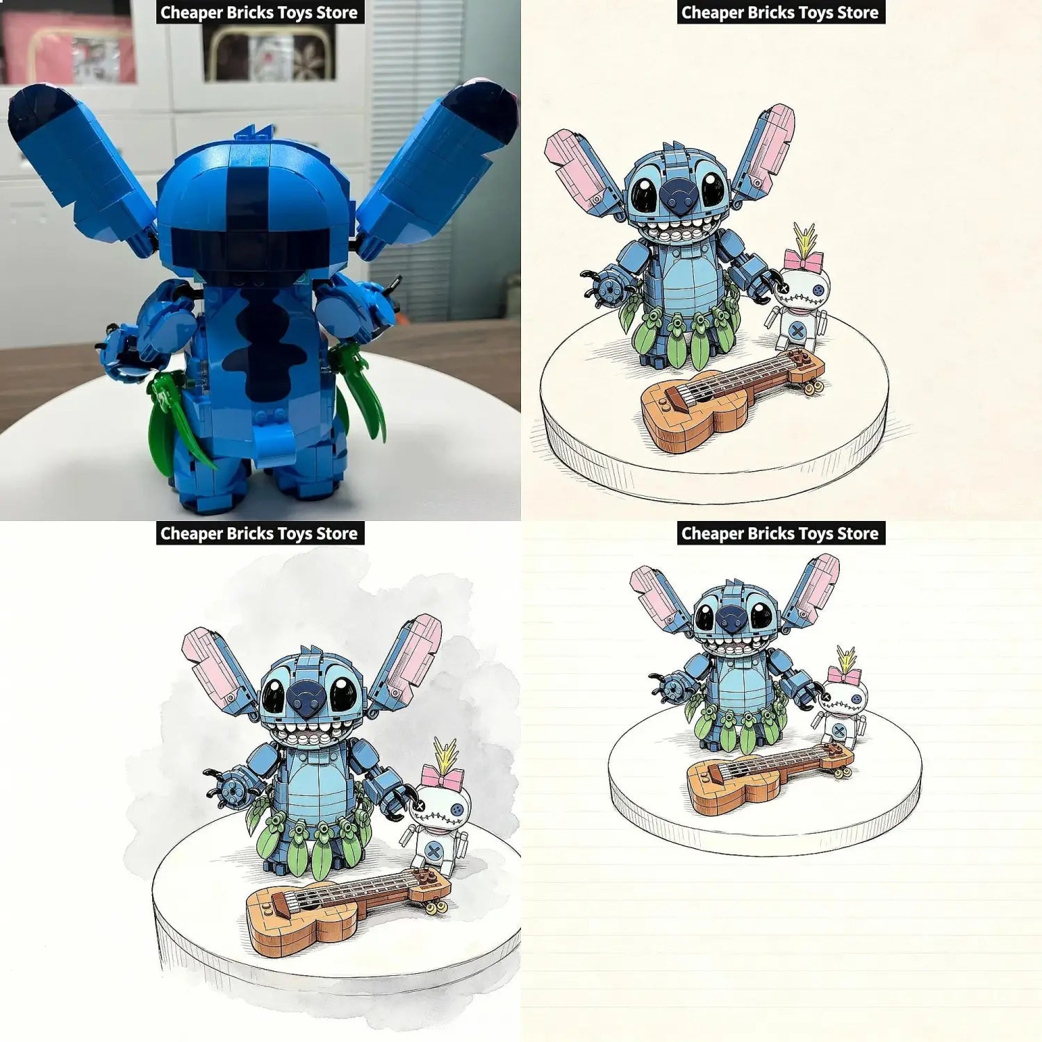 stitch building blocks toy compatible with lego featuring blue stitch character with green leafy skirt and pink ear accents, made in mainland china, recommended age suitable with no high-concerned chemical materials.