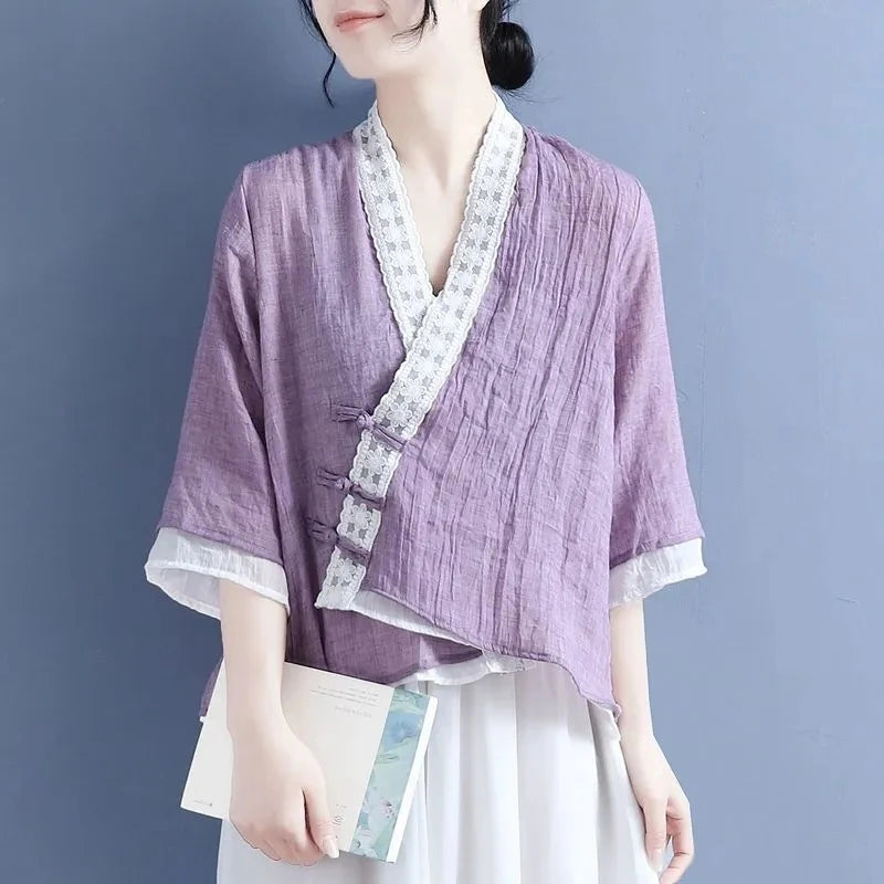 Ethnic Styly Women Tops New Summer Slanted Lapel Three-quarter Sleeve Shirts Vintage Lace V-Neck Loose Cotton Linen Shirt Blouse