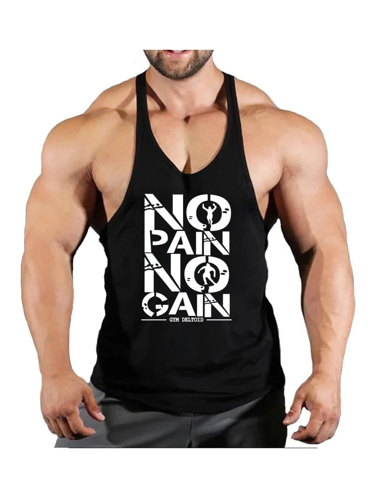 白い「NO PAIN NO GAIN」グラフィックと「gym delicious」文字をあしらった、黒のクイックドライ男性用ジムタンクトップ。フィットネスのワークアウト向けに設計されています。