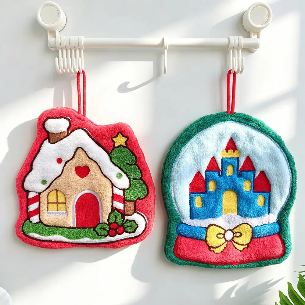 Christmas Decor Hanging Hand Towel House Snow Globe Design Soft Coral‑Fleece Absorbent Holiday Kitchen Towels Decor for Bathroom