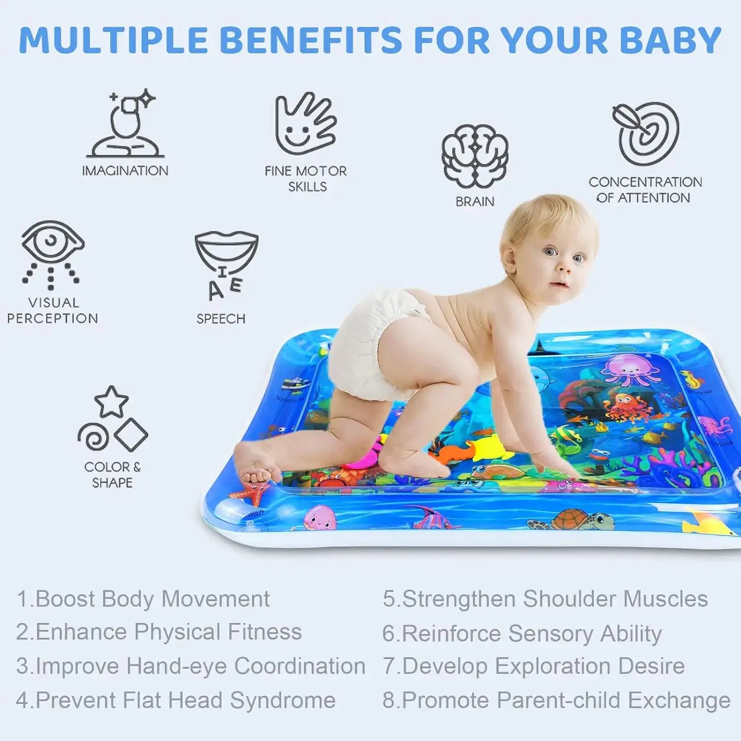 blue inflatable water mat with colorful ocean-themed illustrations featuring a child crawling on the inflatable water pet play mat.