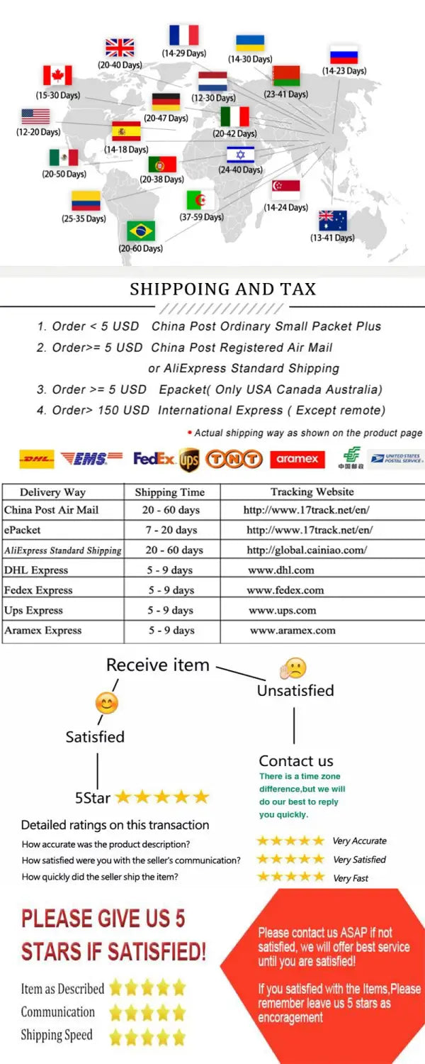 L’image présente un tableau détaillé des informations d’expédition et de taxes pour le bracelet jonc à breloque de cristal de cygne, avec des options de livraison internationale incluant China Post, FedEx et UPS.