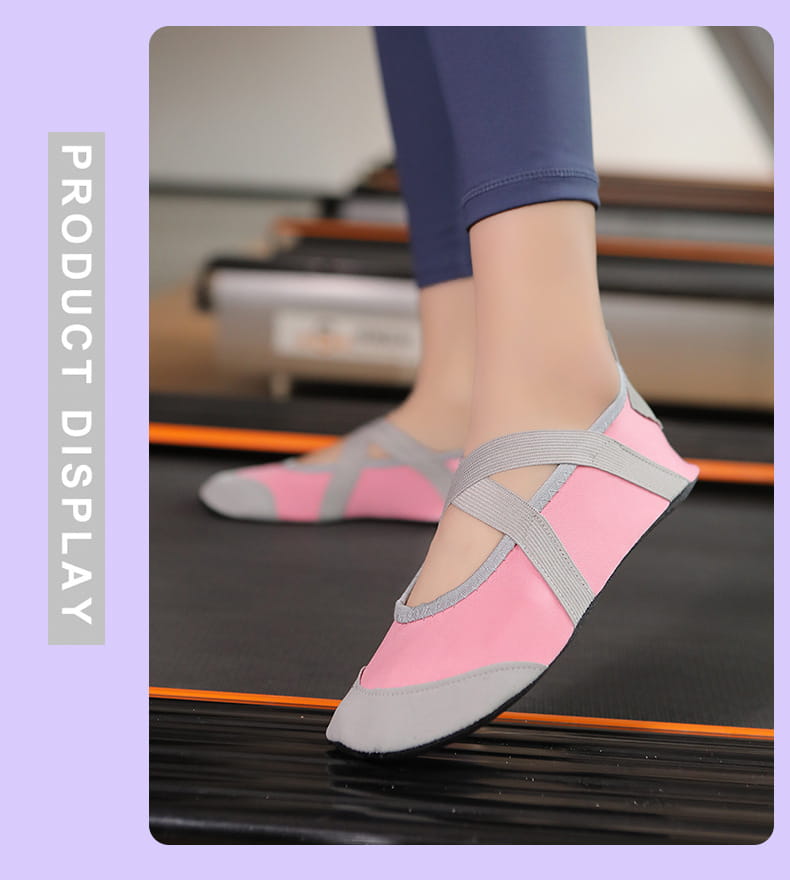 pink and gray crossover strap women yoga shoes made of water-resistant material featuring anti-slip fitness flats design