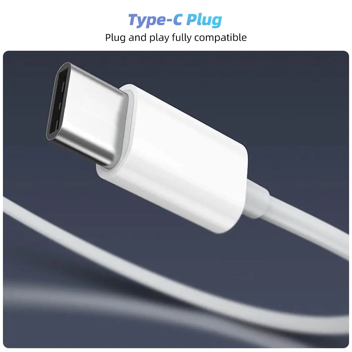 Weißer USB-C-Stecker mit silberfarbenem Metallanschluss und glattem Kunststoffgehäuse für kabelgebundene In-Ear-Kopfhörer mit Mikrofon.