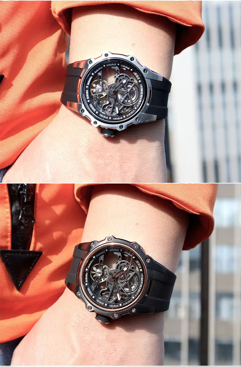 Megir automatic skeleton watch with a sleek black and silver skeletonized dial featuring a visible mechanical movement, a robust case design, and a white silicone strap.