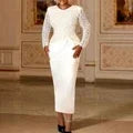 Women White Dresses Formal Long Sleeve Crew Neck Tassels Lace Stitching Midi Dress Evening Gown Spring 2023 Vestido Feminino