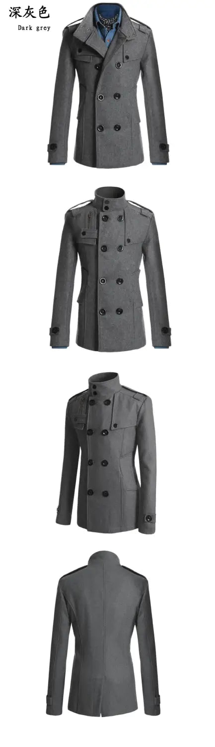 Manteau en laine gris foncé croisé deux rangées pour hommes, avec des boutons noirs et des pattes d’épaule.
