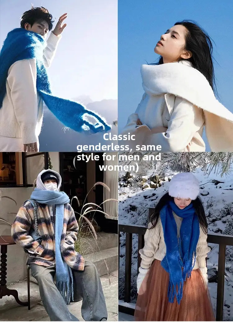 Bufanda de punto acolchada azul vibrante con extremos con flecos, diseñada para mujeres en una colección de cachemir de invierno.