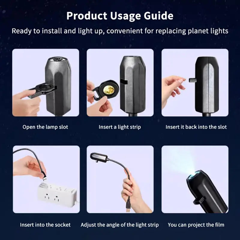 Lámpara de proyección LED cilíndrica negra con brazo de cuello de ganso flexible y ranura de tira de luz ajustable para la proyección de luz de estrellas de galaxia USB de luna y Tierra