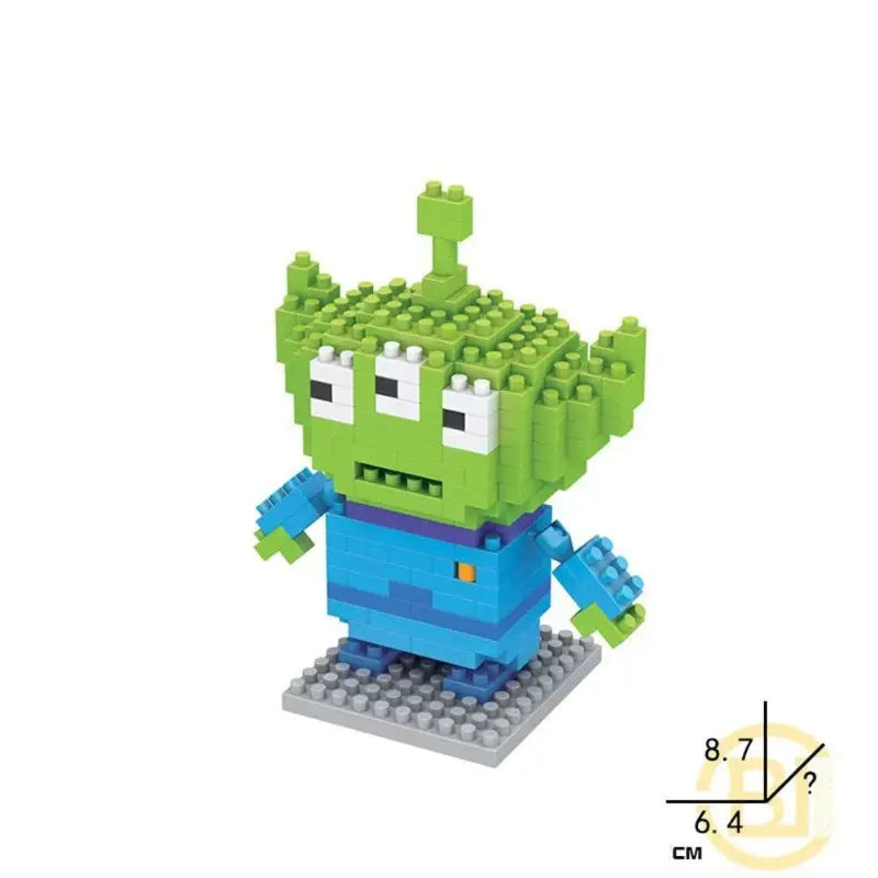 かみ合うプラスチック・ブロックで作られた、緑色と青色の3つ目のエイリアンのミニ漫画キャラクター組み立てブロックフィギュア。