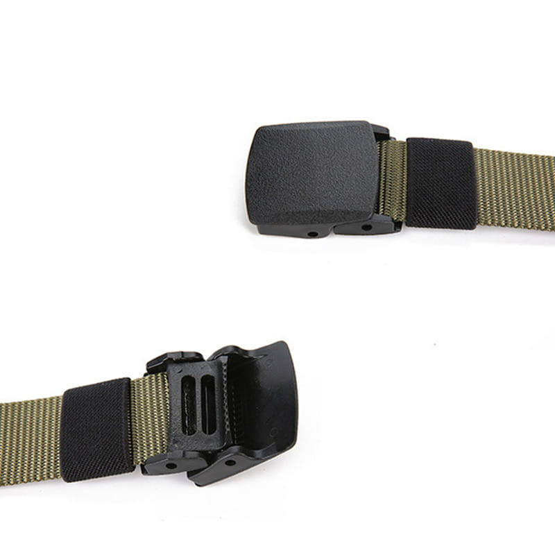 ceinture tactique en nylon olive vert pour hommes avec boucle en plastique noire et sangle réglable, pour un usage en extérieur.