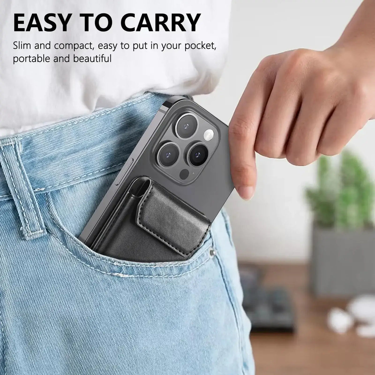 Black leather phone card holder with slim design suitable for magsafe magnetic tape adhesive iron ring phone case