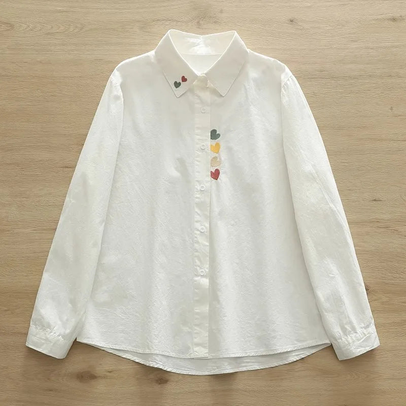 Women Spring Autumn Style Blouses Pure Cotton Shirts Lady Casual Long Sleeve Turn-down Collar Cartoon Embroidery Blusas Tops