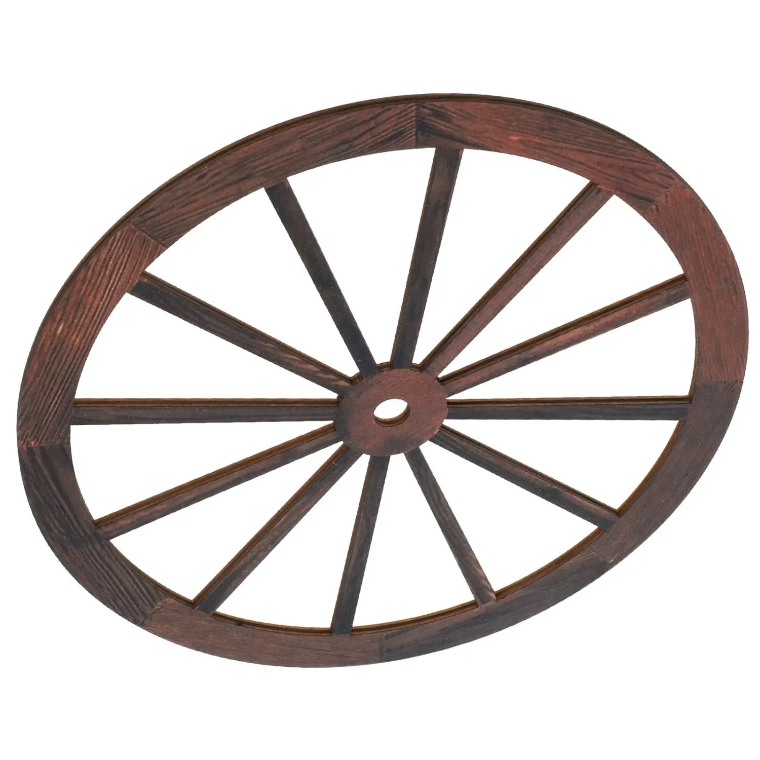 Rustikale Wanddekoration aus einem hölzernen Wagenrad mit einem dunkelbraunen, handgefertigten Holzrad mit sichtbarer Holzmaserung.