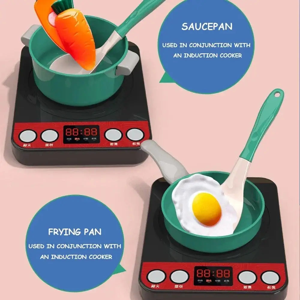 Teilschale aus Teal-farbenem Kunststoff (Stieltopf) mit grauen Griffen und grünem Küchenutensil im Inneren aus dem Set für Küchenzubehör zum Spielen, Kochspielzeug für Kinder.