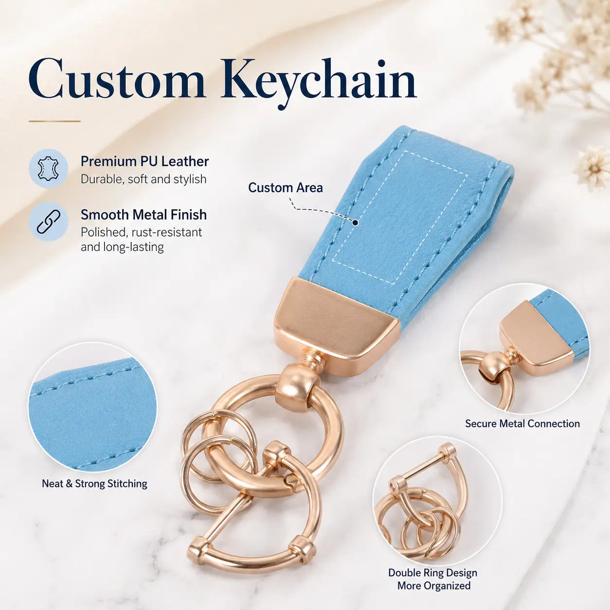 Light blue pu leather personalized keychain with polished gold metal finish and double ring design for custom engraved key holder.
