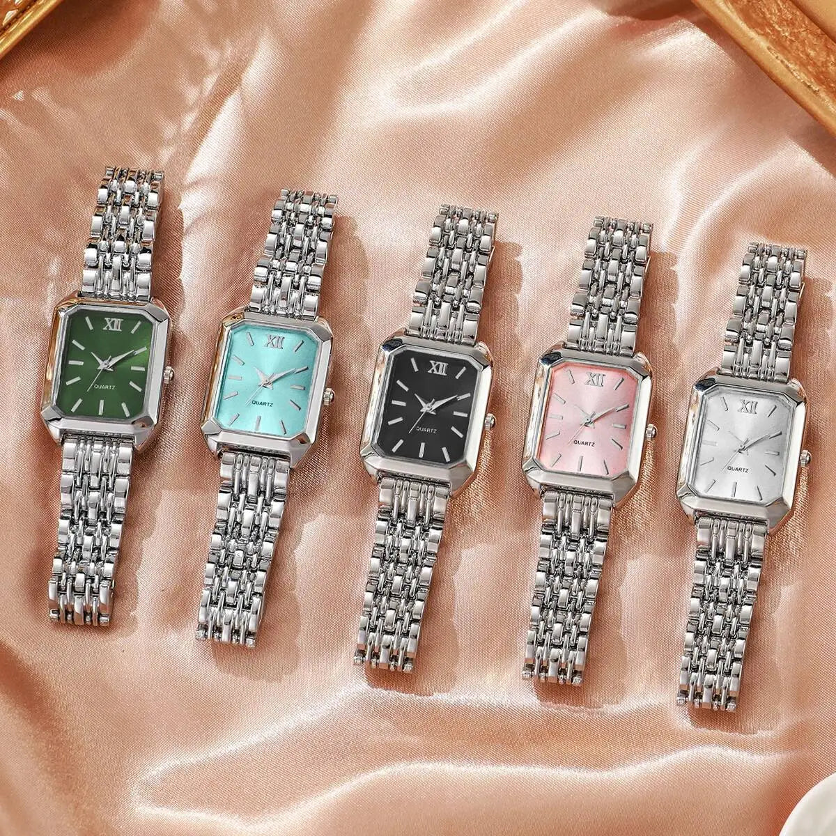Five women gold rectangle quartz watches with mesh strap and silver-toned metal bracelets featuring green teal black pink and white dials with roman numerals.