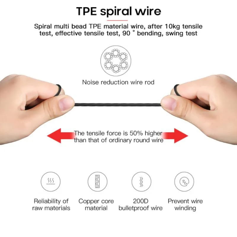 Black TPE spiral wire with a multi-bead design and copper core engineered for noise reduction in gaming earbuds with mic wired in-ear headset.
