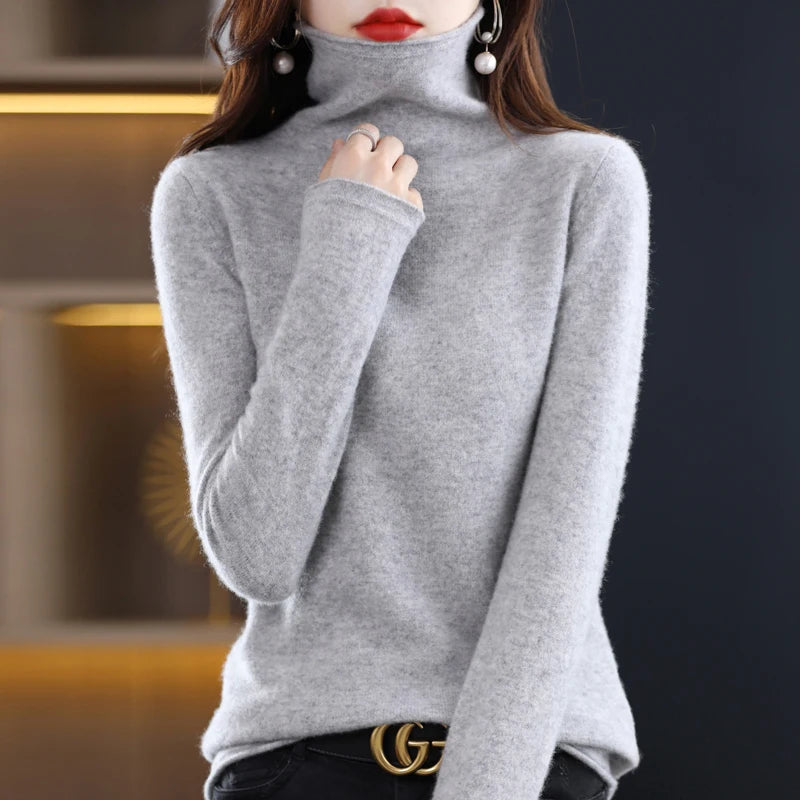 Women's 100% Merino Wool Sweater Autumn Winter Fashion Pile Collar Pullover Cashmere Sweater Casual Long-sleeved Knitted Tops