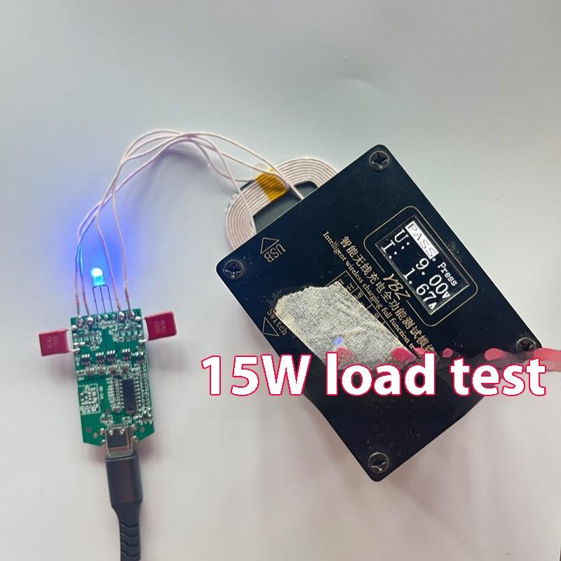 Black rectangular 15w dual coil wireless charger PCBA module with blue LED indicator and white coiled wire for wireless charging testing.