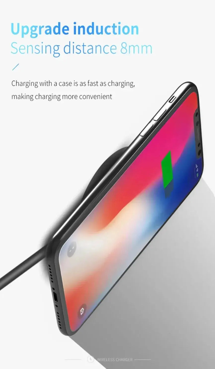 black smartphone with glossy finish showing vibrant screen colors and magnetic wireless charger with type c connector on its back