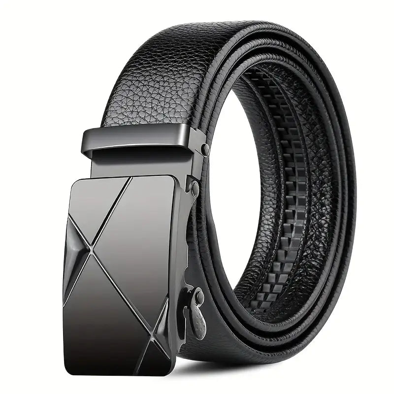 Ceinture en cuir noire avec boucle automatique métallique à finition mate élégante, au design géométrique angulaire pour homme