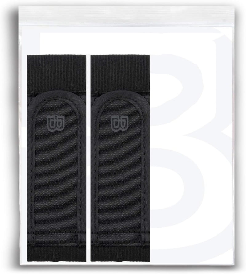 Ceintures élastiques noires sans boucle avec des logos gris discrets, fabriquées à partir de sangles en velcro, conditionnées dans un film plastique transparent pour des tailles réglables.