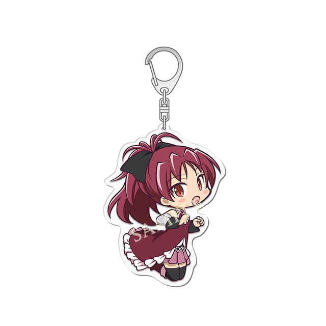 a chibi-style acrylic keychain from the madoka magica anime set featuring a character with vibrant magenta hair and brown eyes dressed in a detailed maroon and white maid outfit.