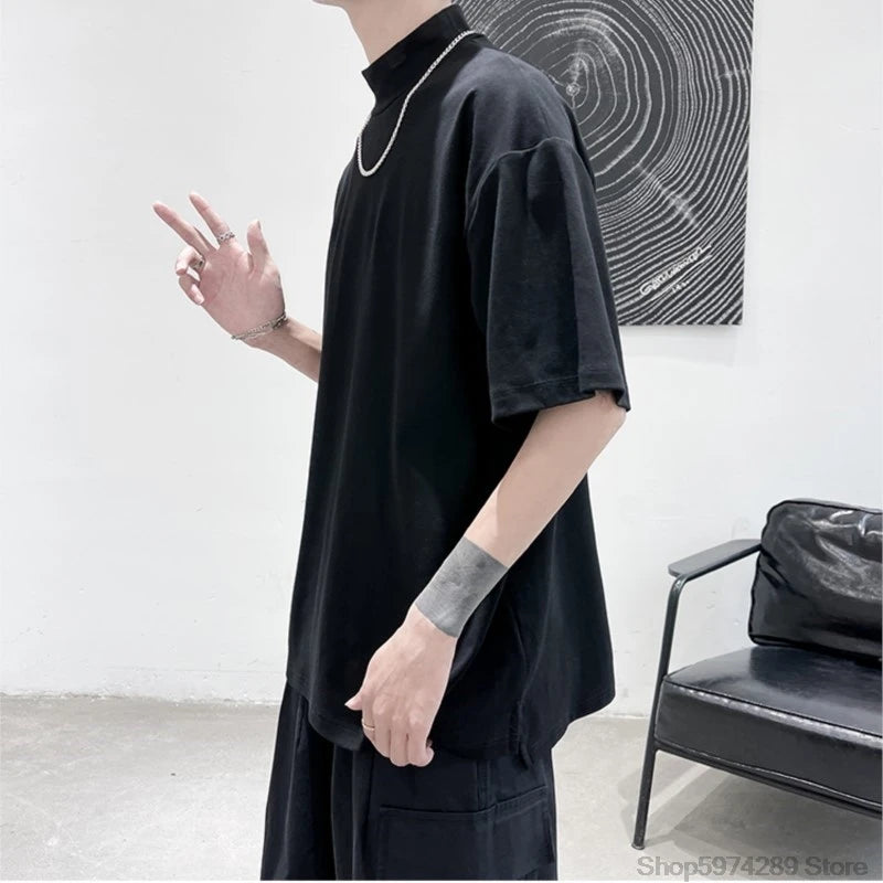 2024 Men Tshirt Solid Streetwear Turtleneck Hip Hop Male Oversized T Shirts Man Casual Short Sleeve Top Tees Black/White/Purple
