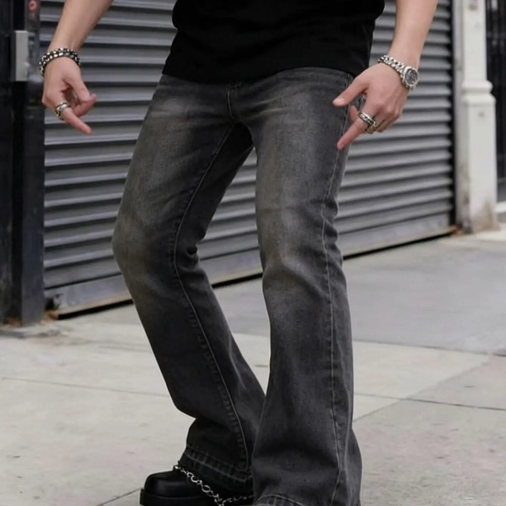 Men Pants Jeans Clothing Denim Trousers Men's Black Washed Frayed Hem Flared Bootcut Denim Jeans