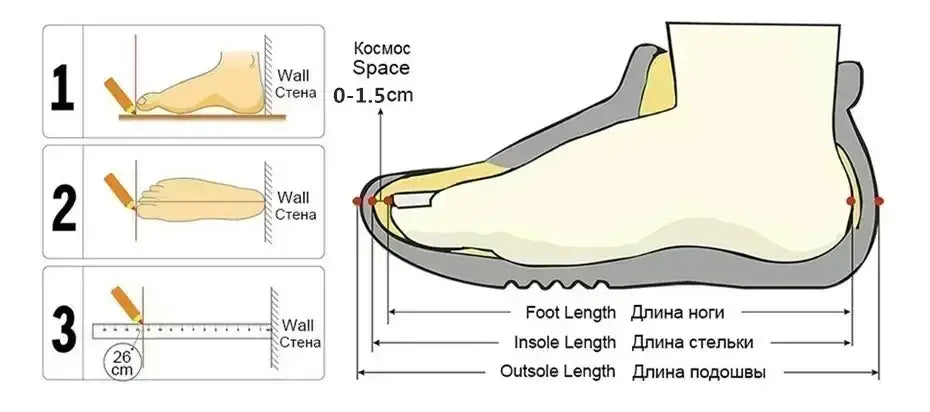 Diagram illustrating shoe sizing measurements with labeled dimensions in english and russian for men casual suede loafers slip on walking shoes.