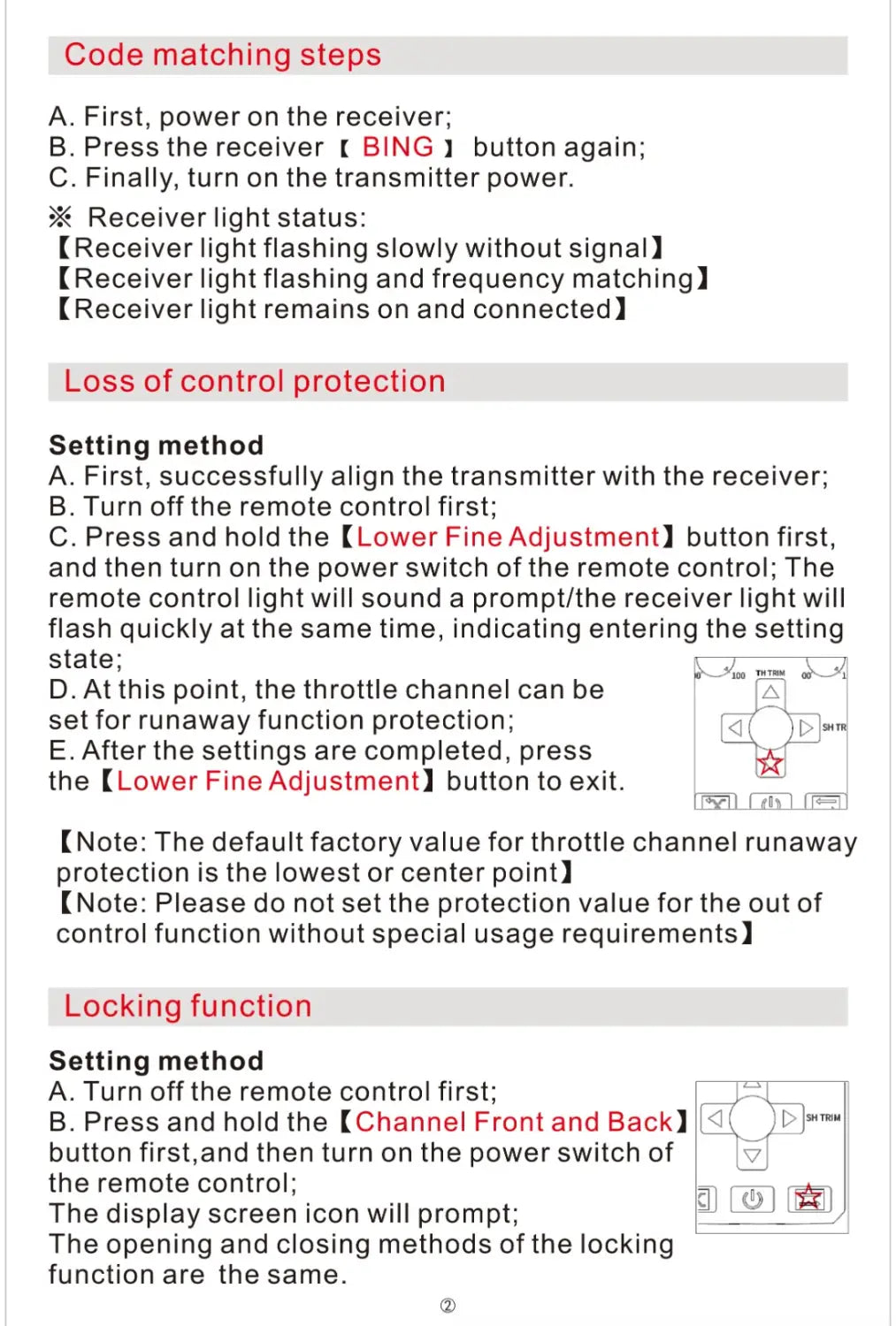 Manual de instrucciones para el control remoto ct-6a para coche y barco, con configuración paso a paso y guía de función de bloqueo.