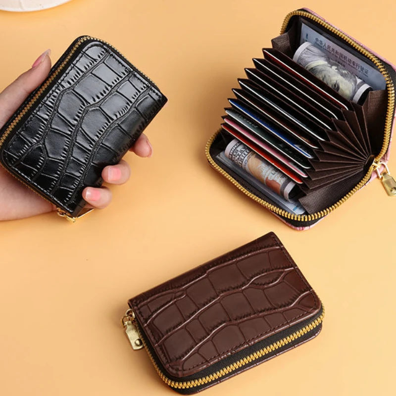 Leather Card Holder Wallet With Multiple Accordion-style Slots Zipper Closure For Daily Use Travel Shopping