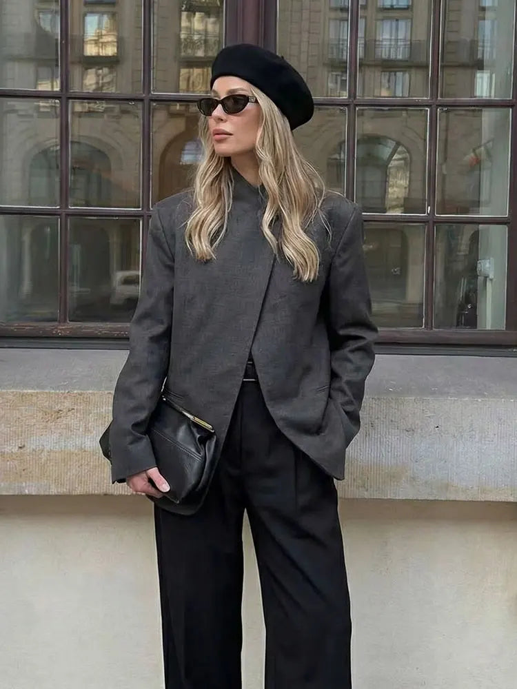 HH Women Casual Asymmetrical Dark Grey Blazer One Button Long Sleeve Jacket Coats 2026 Trend Vintage Solid Office Blazers