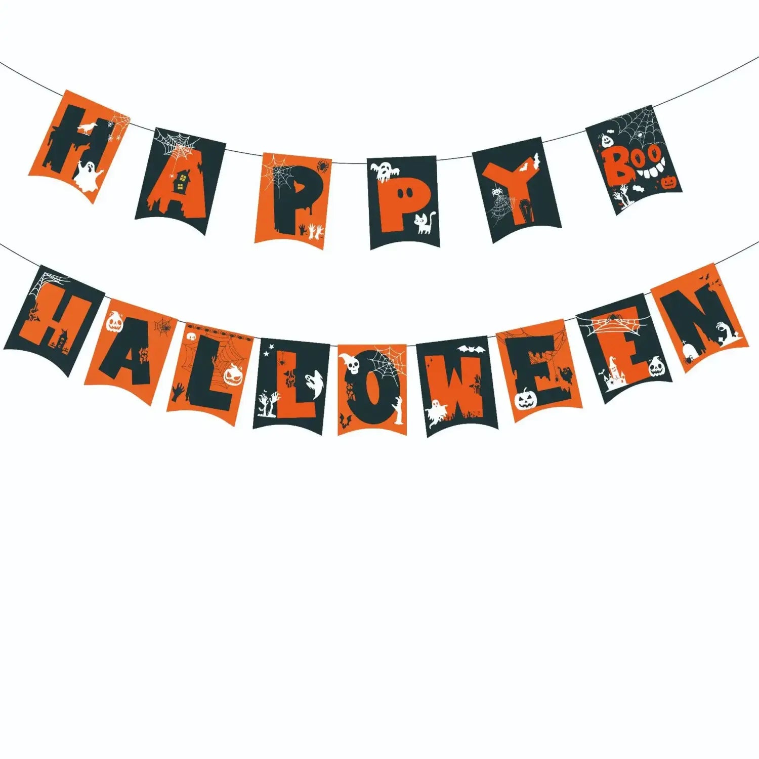 Guirnalda colgante de Halloween para fiesta, decoración espeluznante, en naranja y negro, con diseños espeluznantes que incluyen fantasmas, calabazas y arañas.