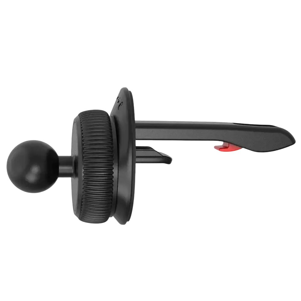 Soporte para teléfono en rejilla de ventilación del automóvil ajustable negro y rojo, con cabeza de bola de 17 mm y empuñadura de agarre texturizada, mostrado desde un ángulo lateral.