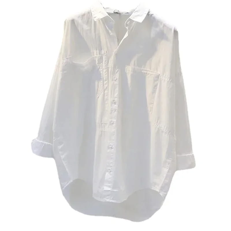 a crisp white button down office blouse for women featuring a relaxed fit with rolled cuffs and precise inch measurements for a comfortable professional look