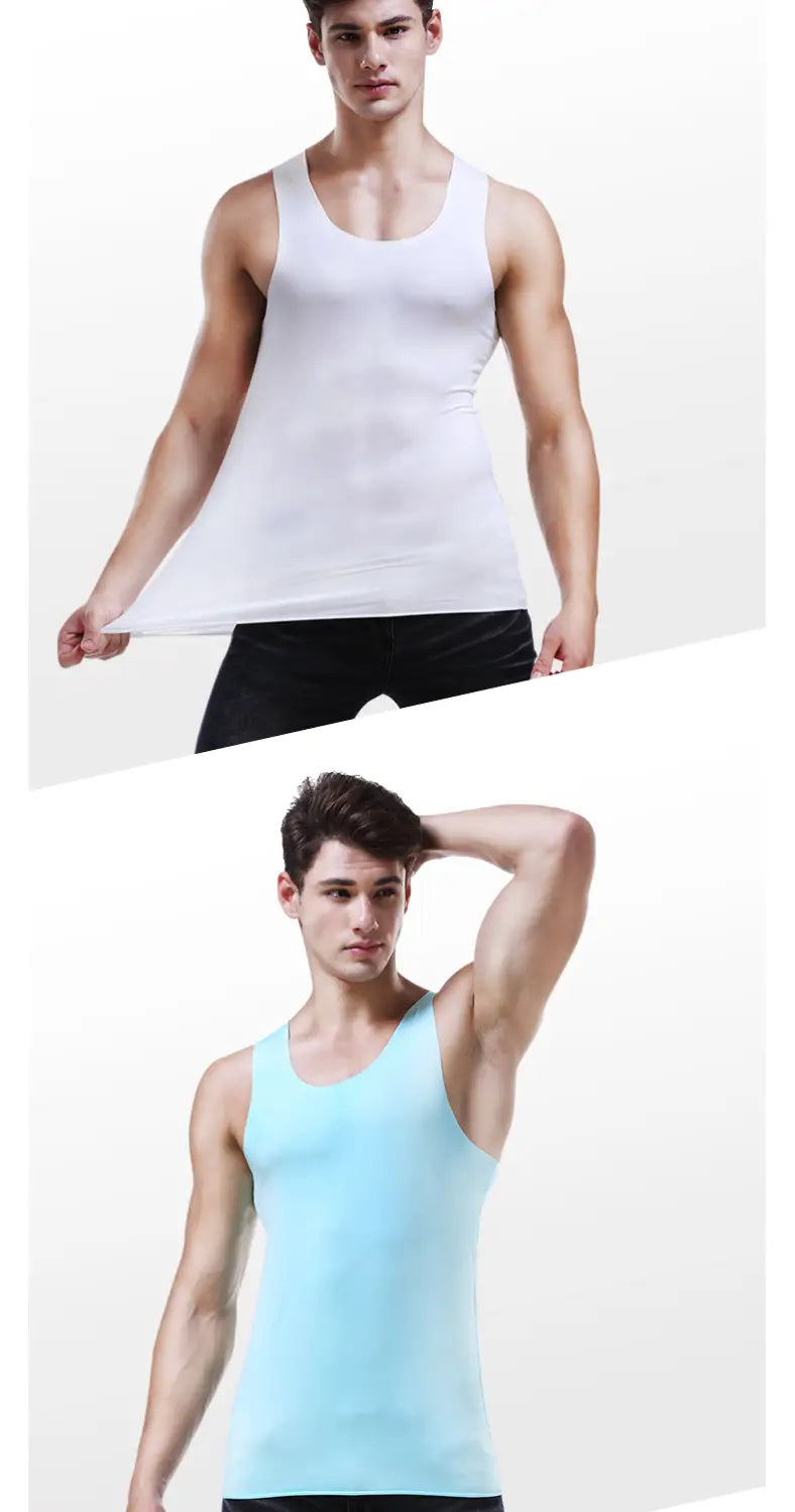 Débardeurs de sport pour hommes en soie de glace, sans coutures, sans manches, blancs et bleu clair, fabriqués dans un tissu lisse, ajusté et agréable