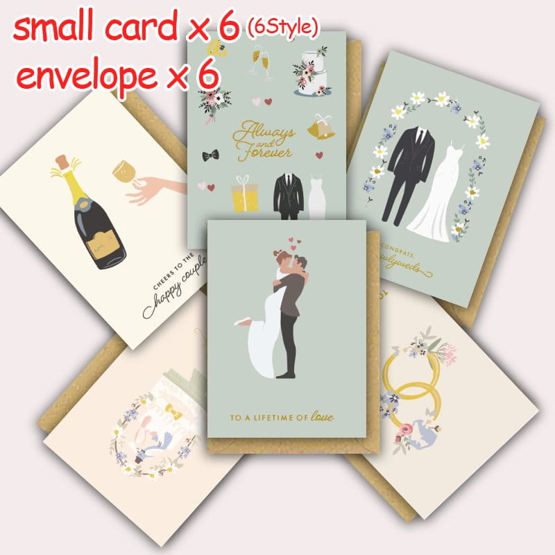 Ensemble de six petites cartes de vœux pour mariage avec des illustrations de fleurs et de couples sur un papier cartonné vert menthe clair, crème et beige, accompagnées d’enveloppes en kraft.