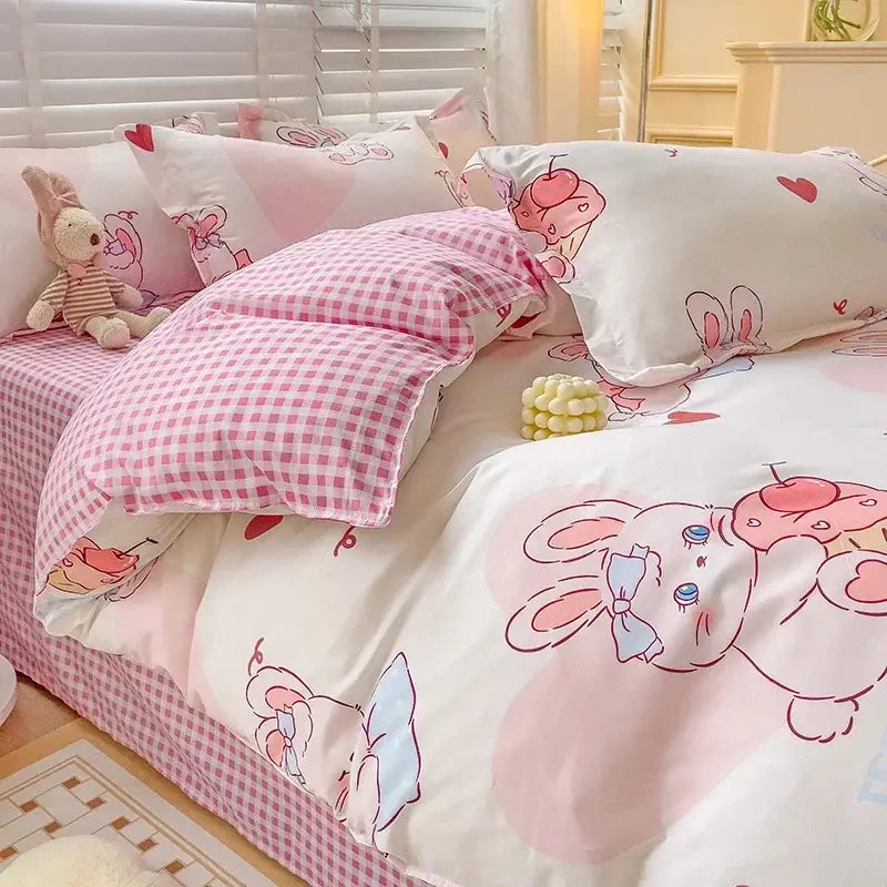 Niedliches Hasen-Kinder-Bettwäscheset (Queen/King) mit einem pink-weißen Hasenmotiv, mit Cartoon-Hasen, die Kirschen halten, aus weich anmutendem Baumwollstoff gefertigt.