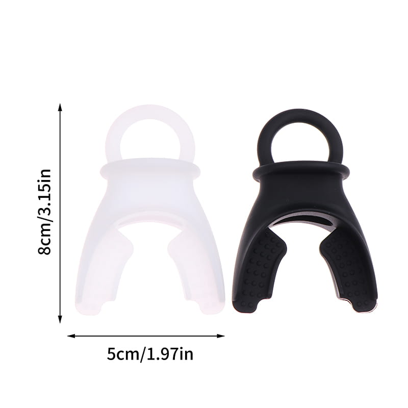 Black and translucent silicone mouth guards with a looped top for attachment designed as a lung capacity training device and respiratory fitness tool.