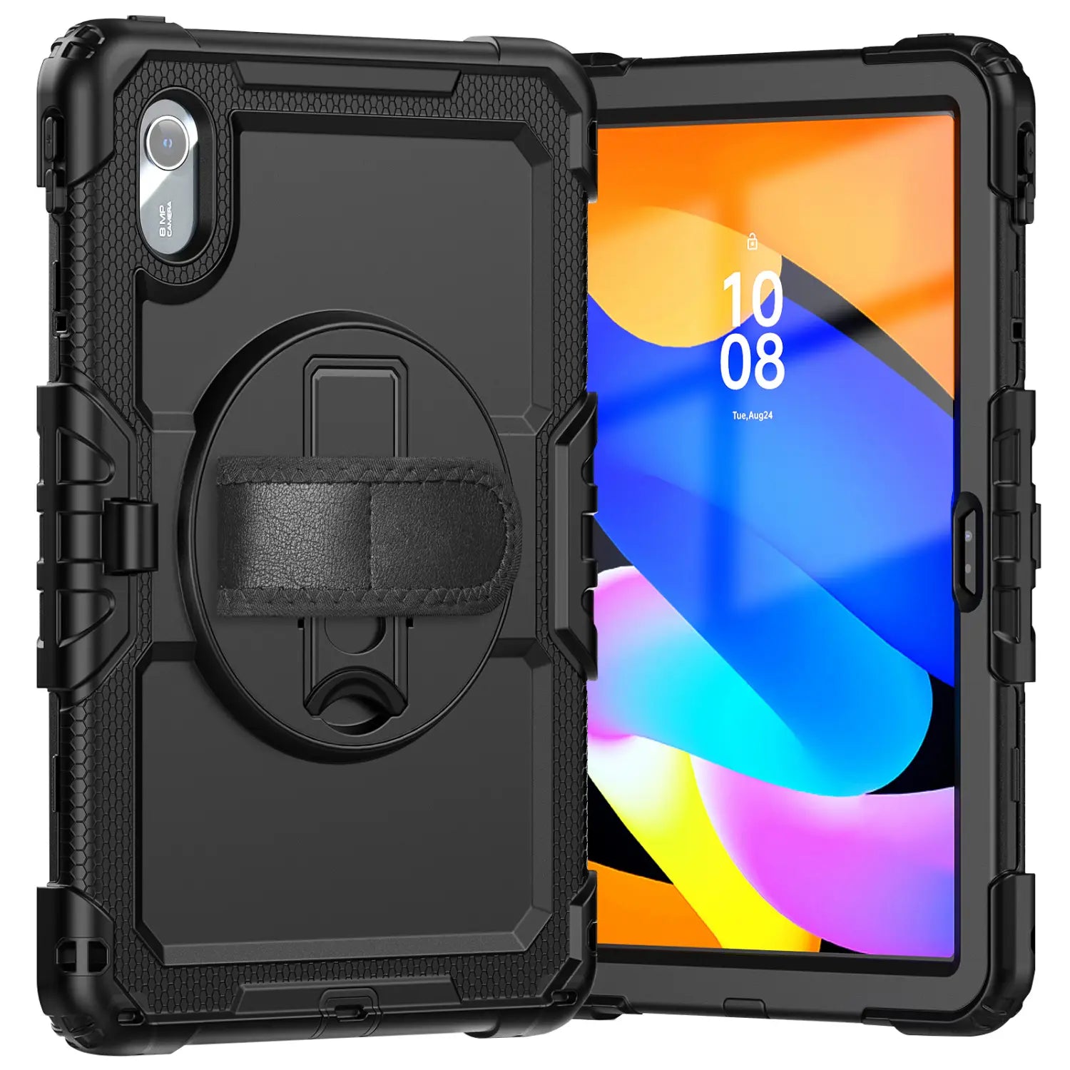 Black rugged tablet case with built-in rotating stand and textured grip for tb336fu xiaoxin pad 11 armor case with strap visible from the back side.